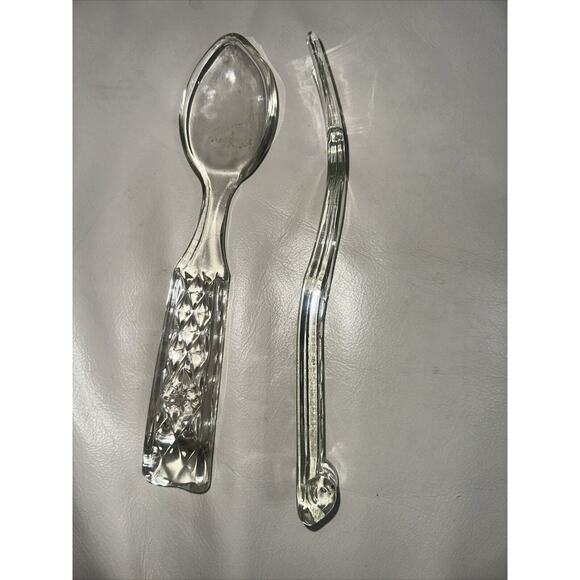 Vintage Glass 9.5" Serving Fork And Spoon Set Embossed Diamond Pattern EUC - Picture 4 of 7